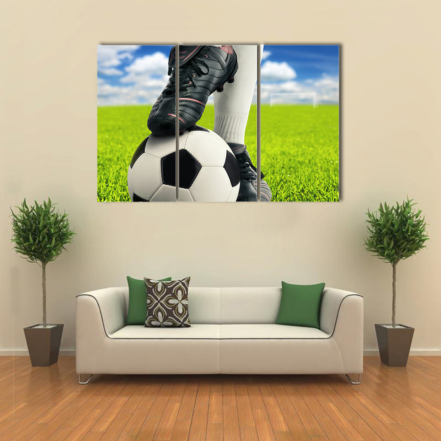 Soccer player on green grass Multi panel canvas wall art