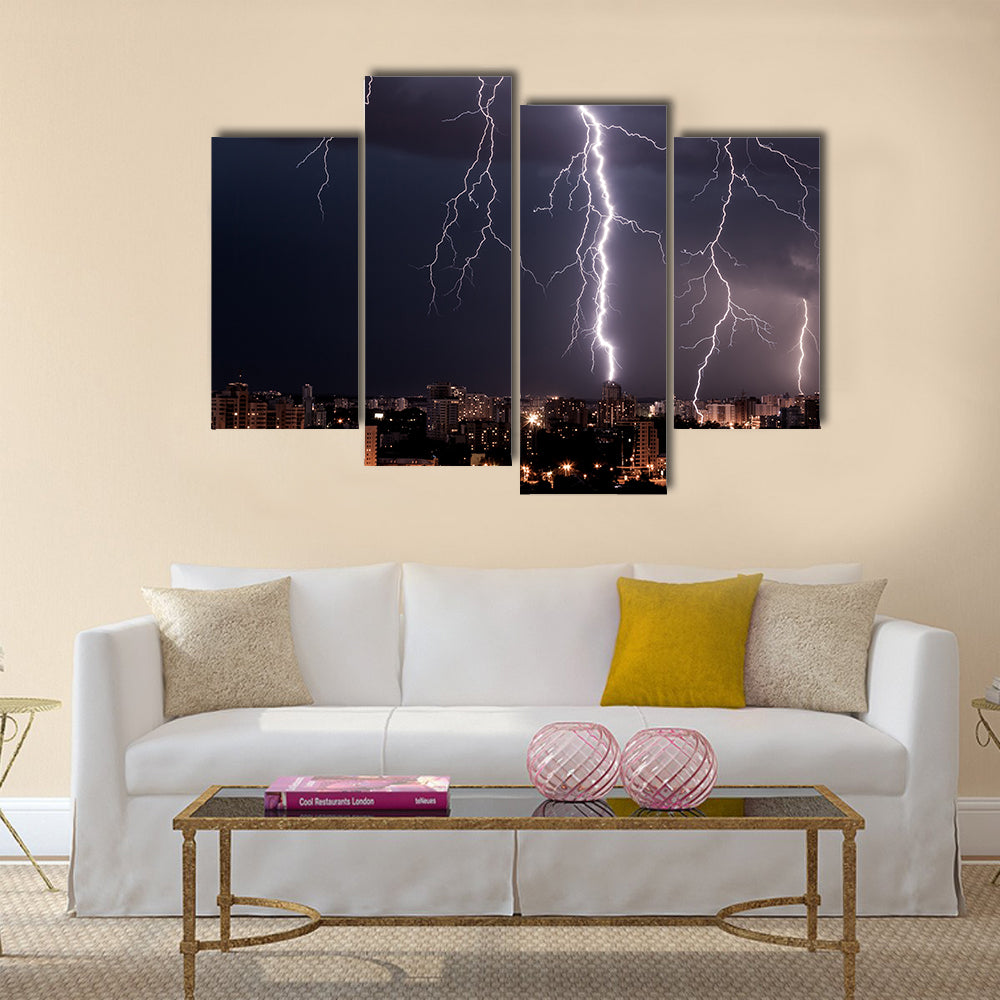 lightning storm over city Multi Panel Canvas Wall Art