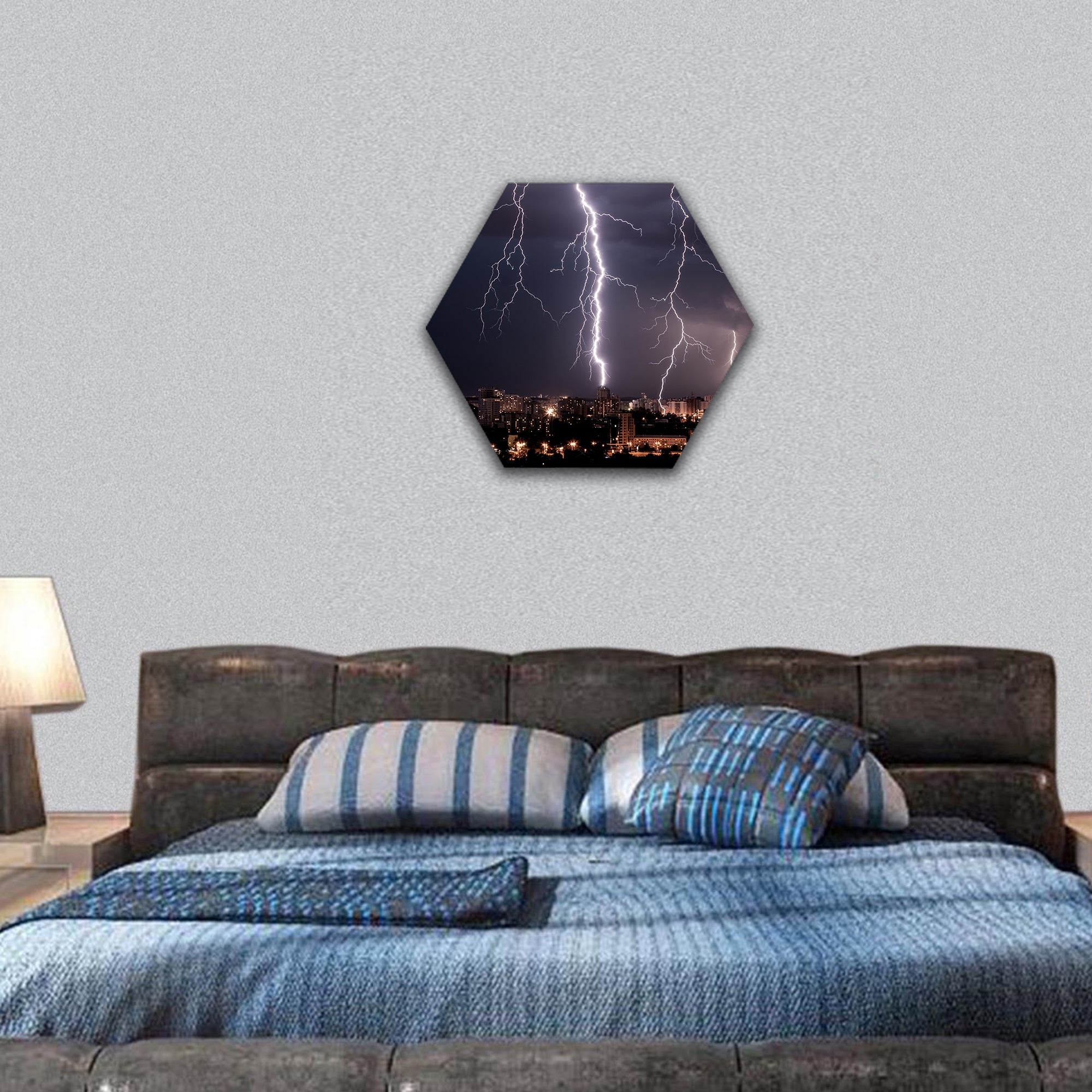 Lightning storm over city hexagonal canvas wall art