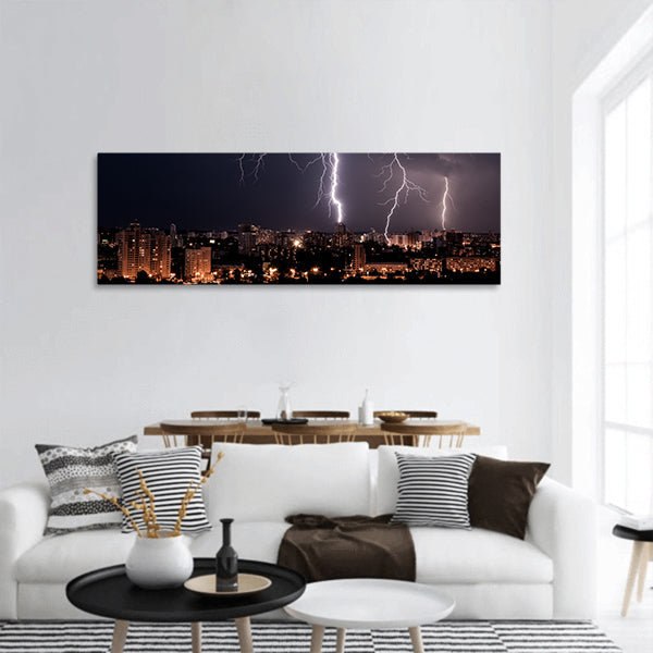 Lightning storm over city panoramic canvas wall art