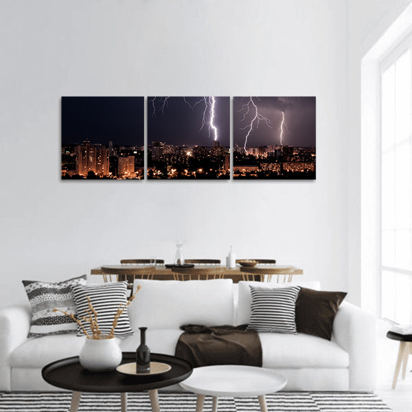 Lightning storm over city panoramic canvas wall art