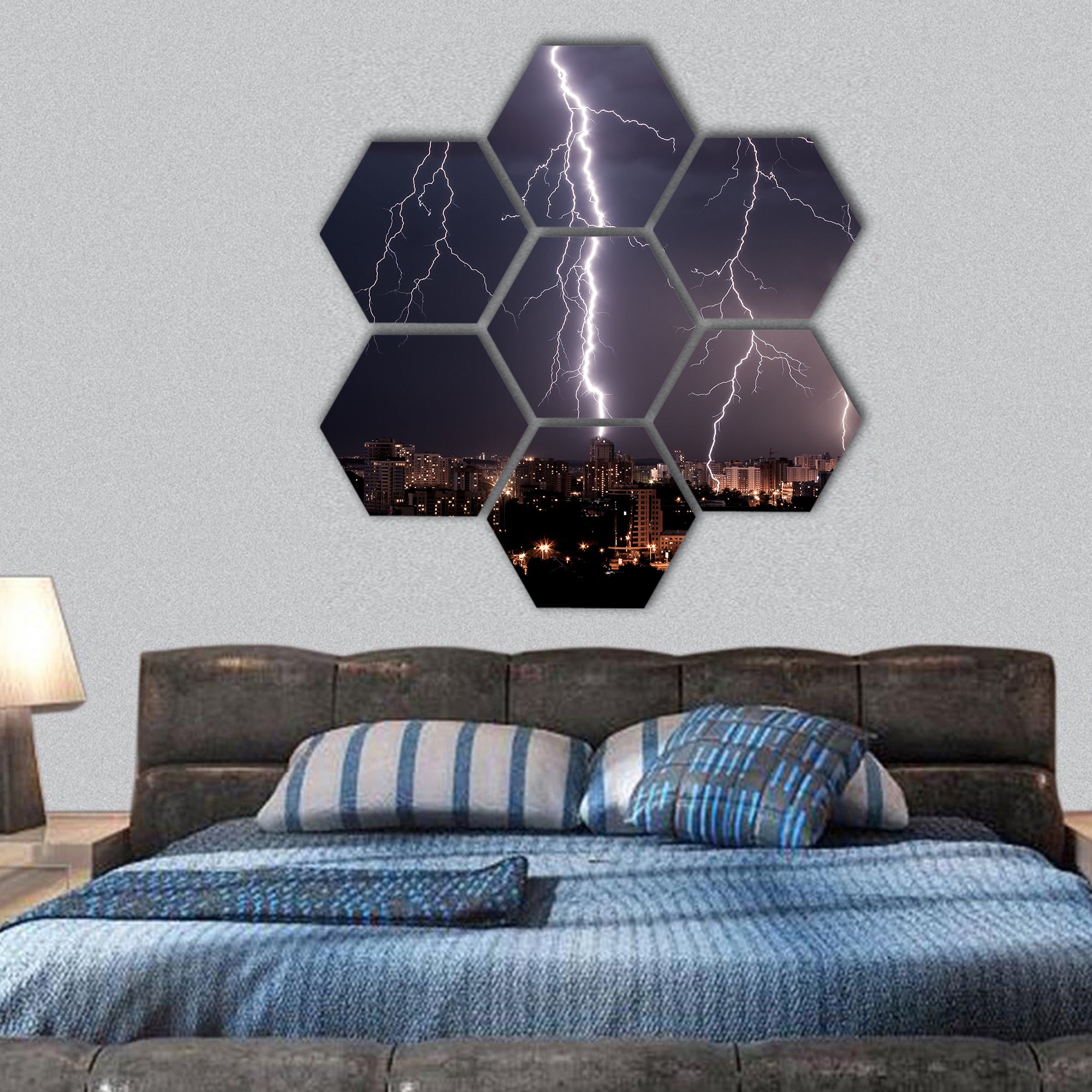 Lightning storm over city hexagonal canvas wall art