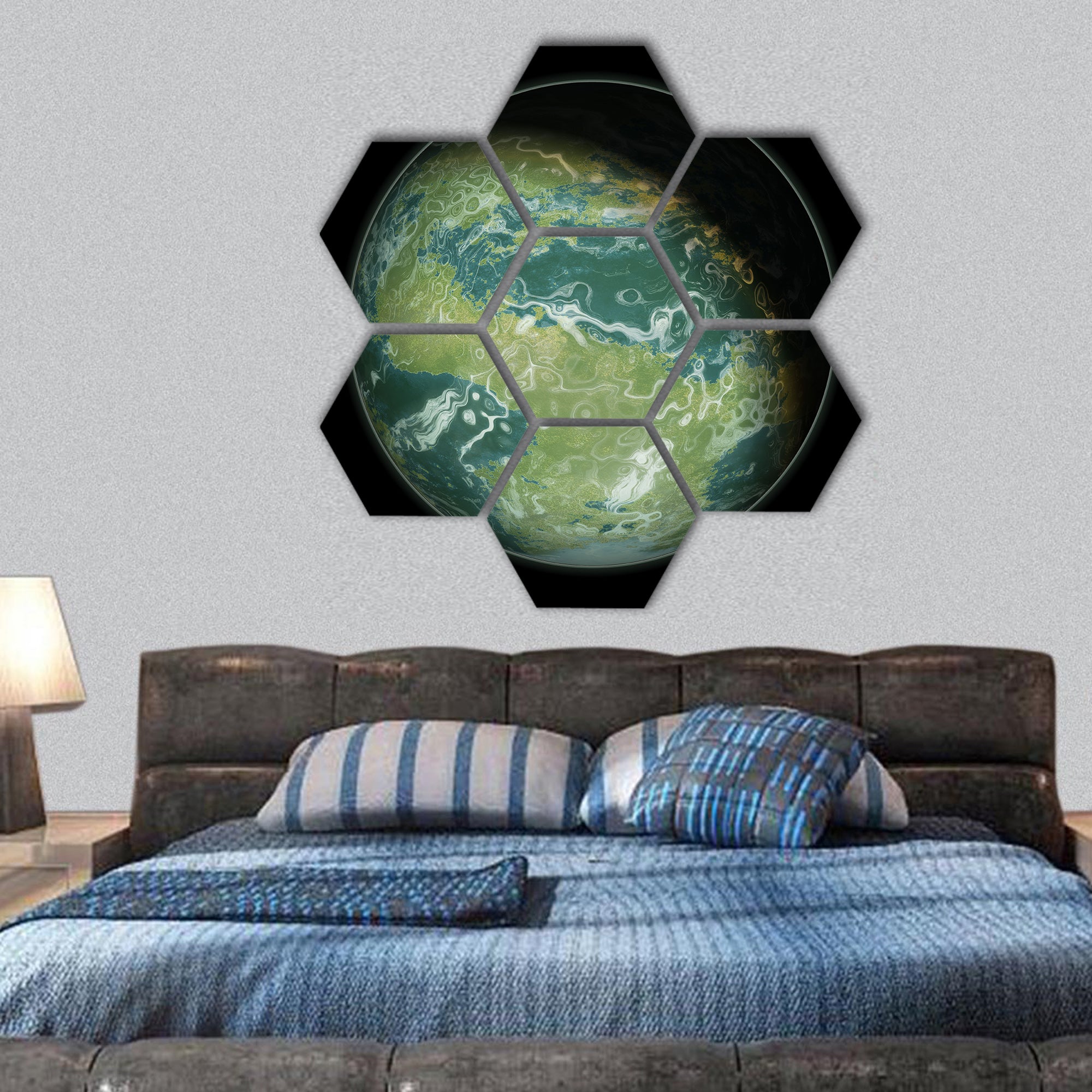 Green planet hexagonal canvas wall art