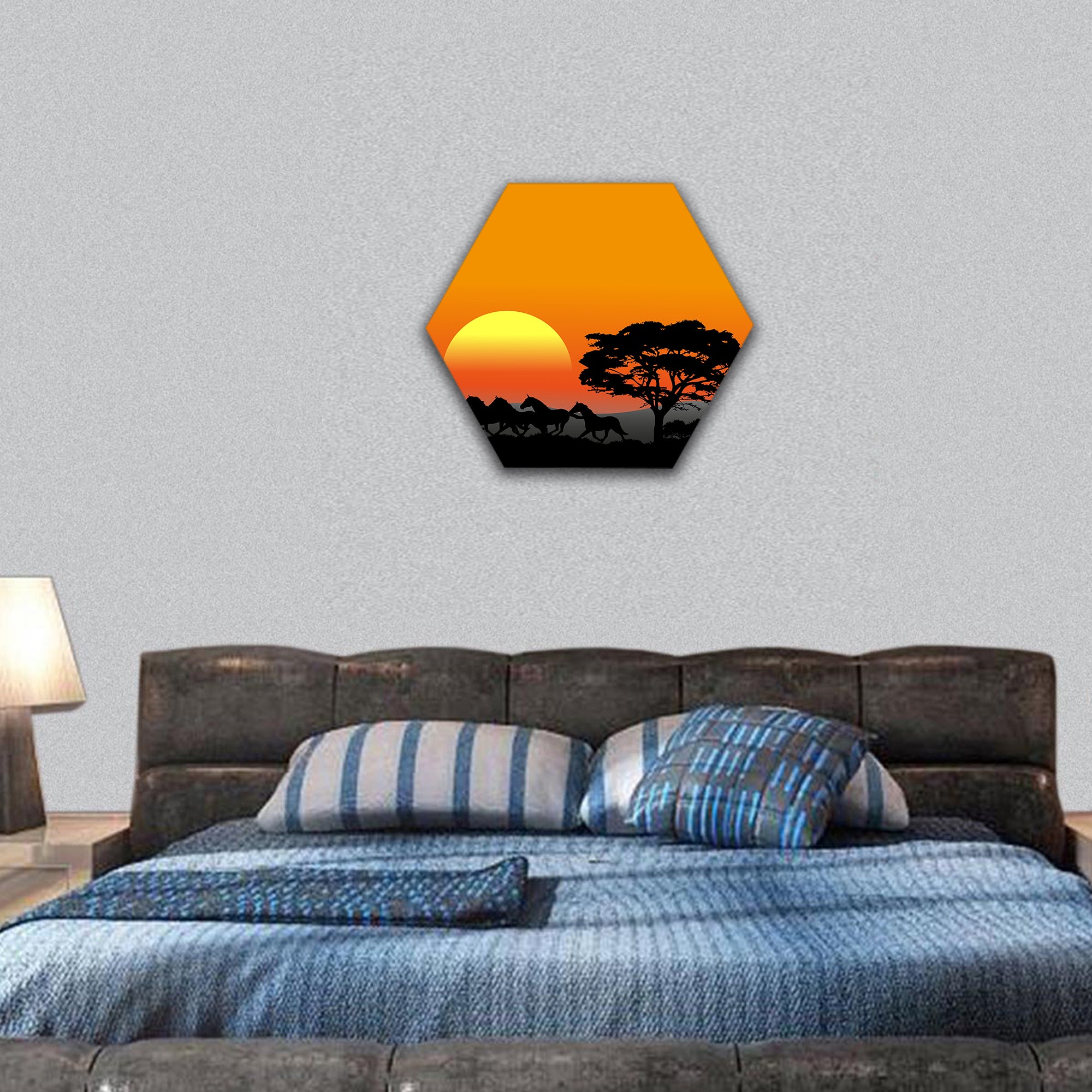 The pictures show a running herd at sunset hexagonal canvas wall art
