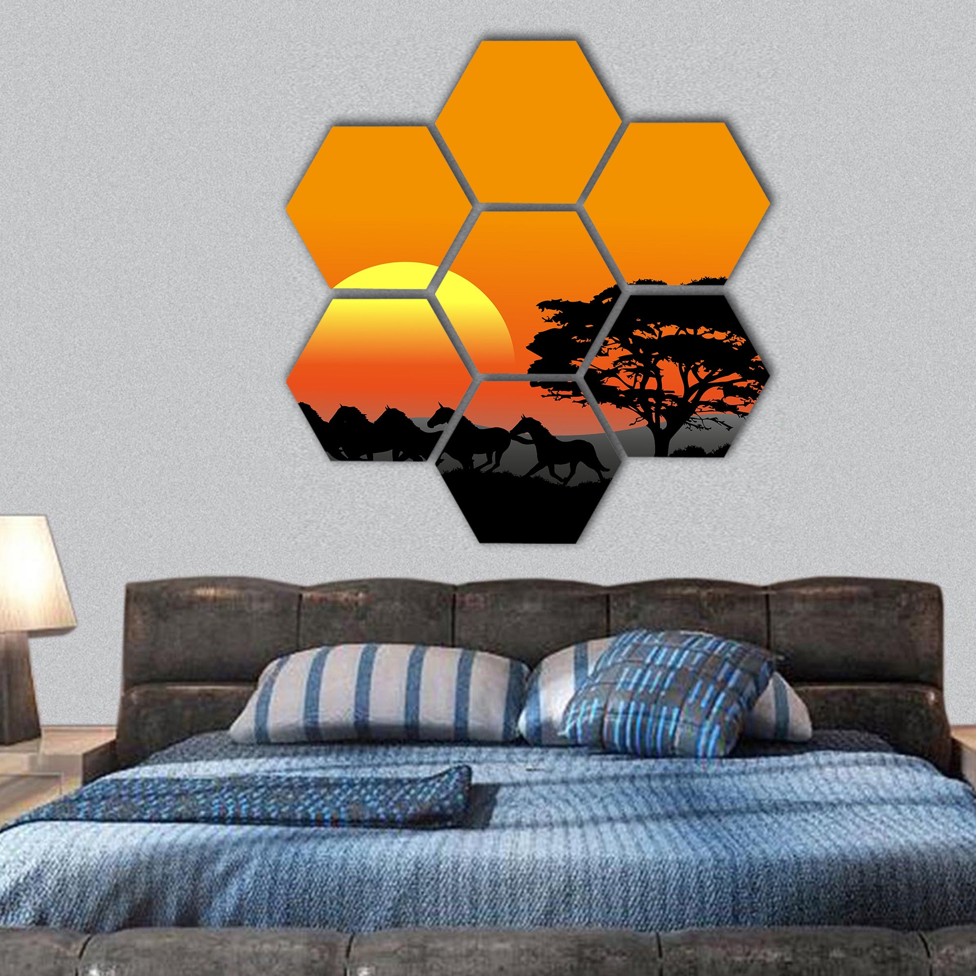 The pictures show a running herd at sunset hexagonal canvas wall art