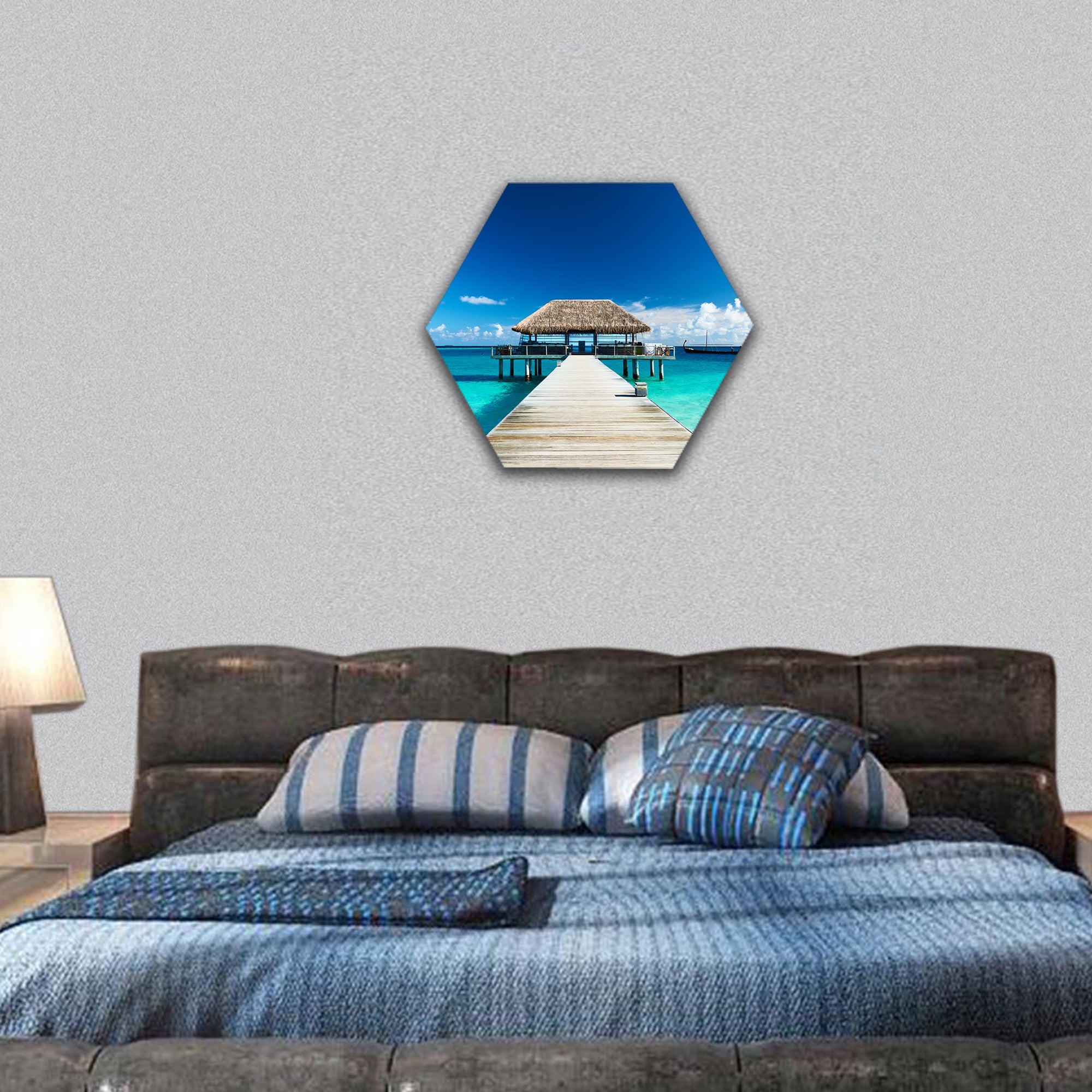 Beautiful beach with jetty at Maldives hexagonal canvas wall art