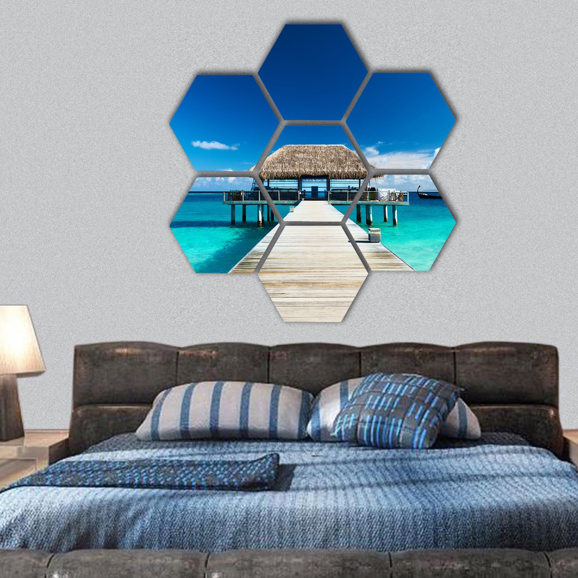 Beautiful beach with jetty at Maldives hexagonal canvas wall art