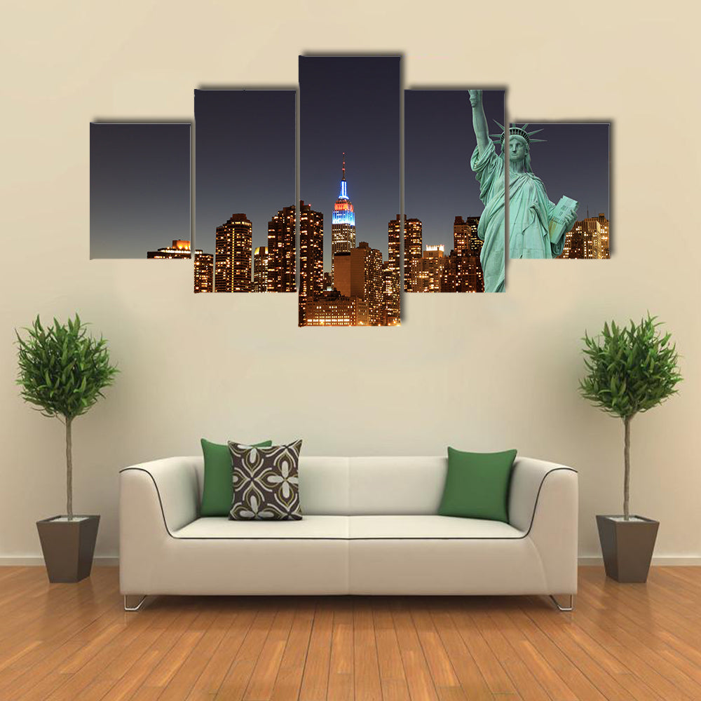 Manhattan Skyline and the Statue of Liberty at Night, New York City Multi panel canvas Wall art