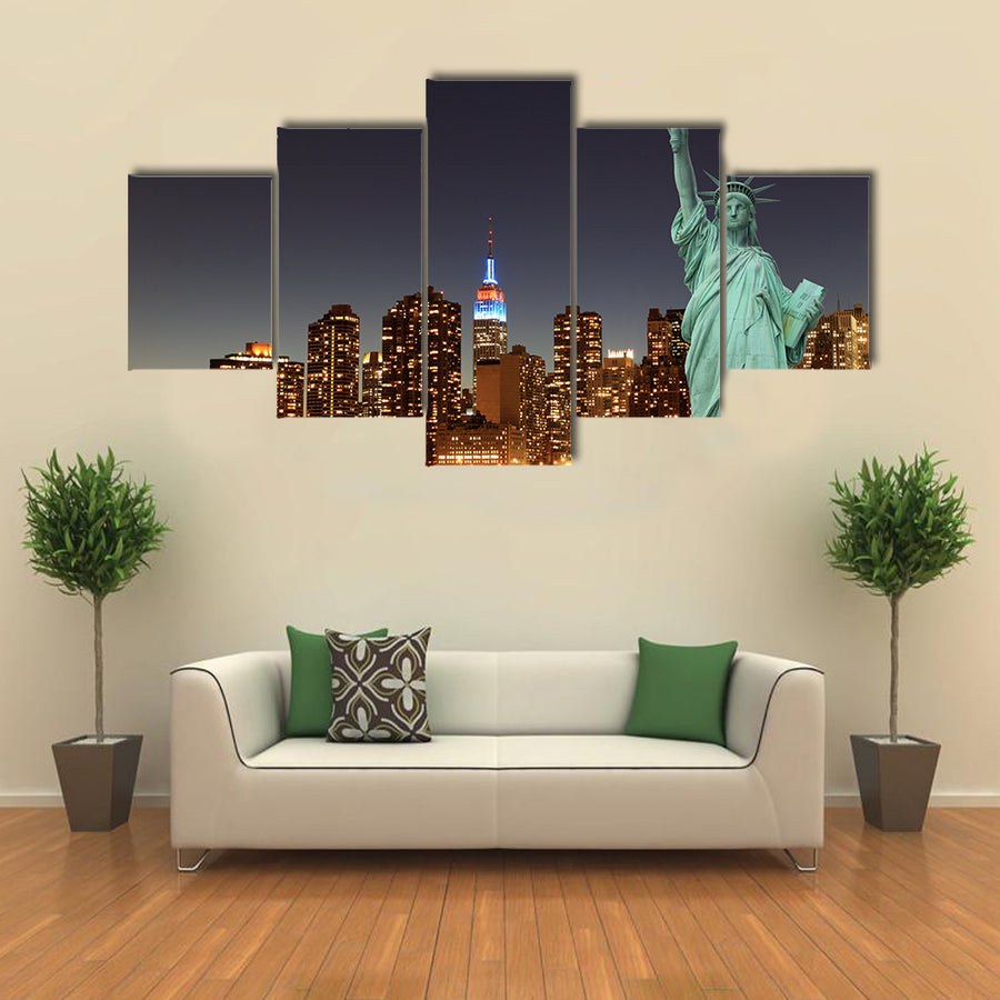 Manhattan Skyline and the Statue of Liberty at Night, New York City Multi panel canvas Wall art