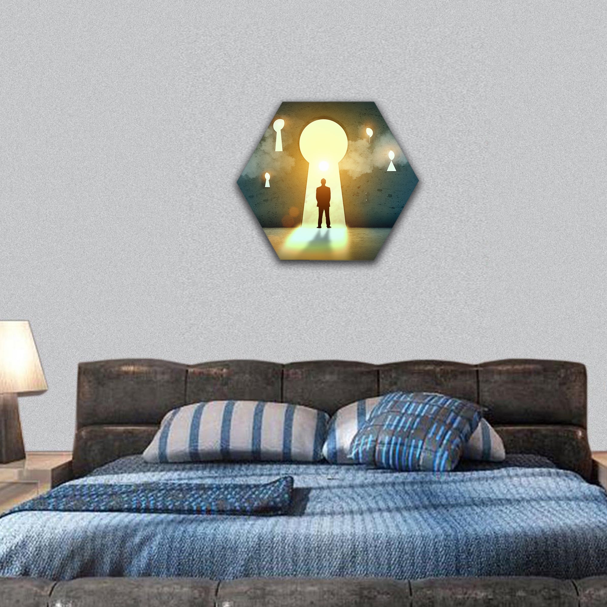 Silhouette of businessman standing in keyhole hexagonal canvas wall art