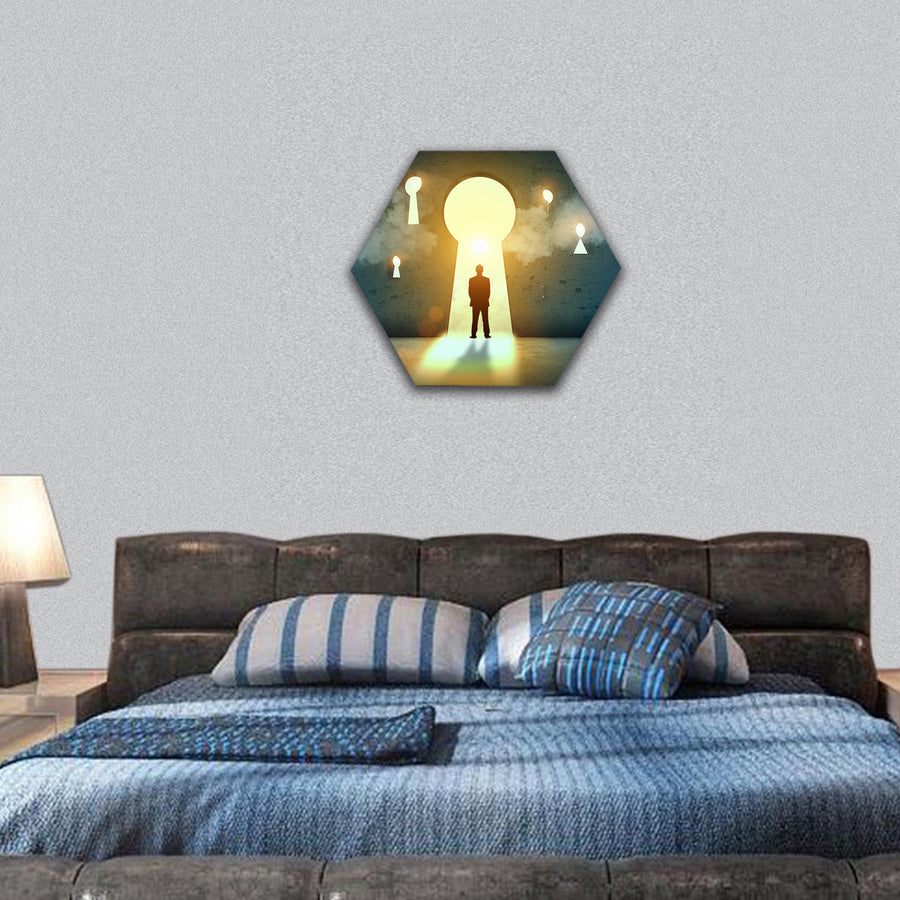 Silhouette of businessman standing in keyhole hexagonal canvas wall art