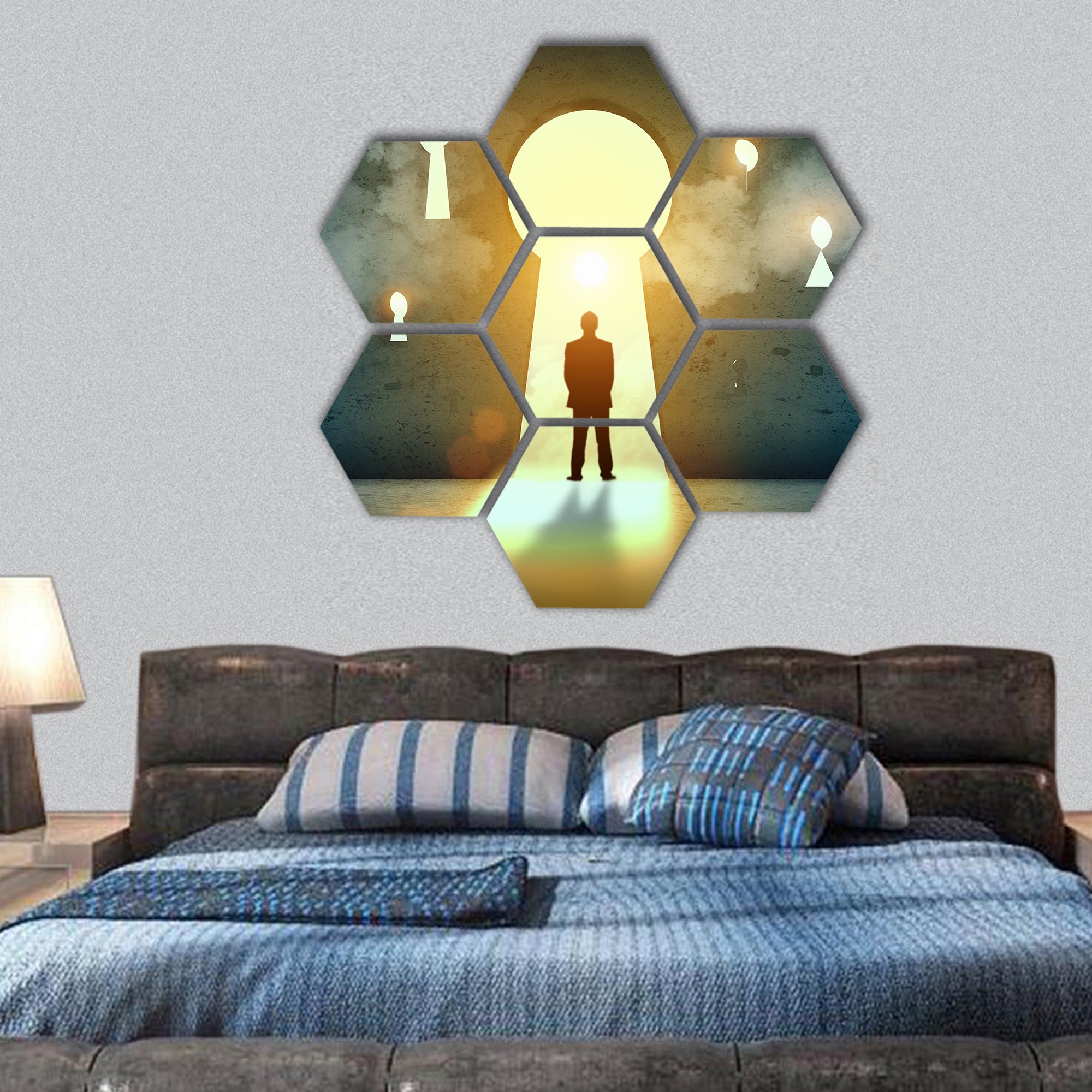 Silhouette of businessman standing in keyhole hexagonal canvas wall art