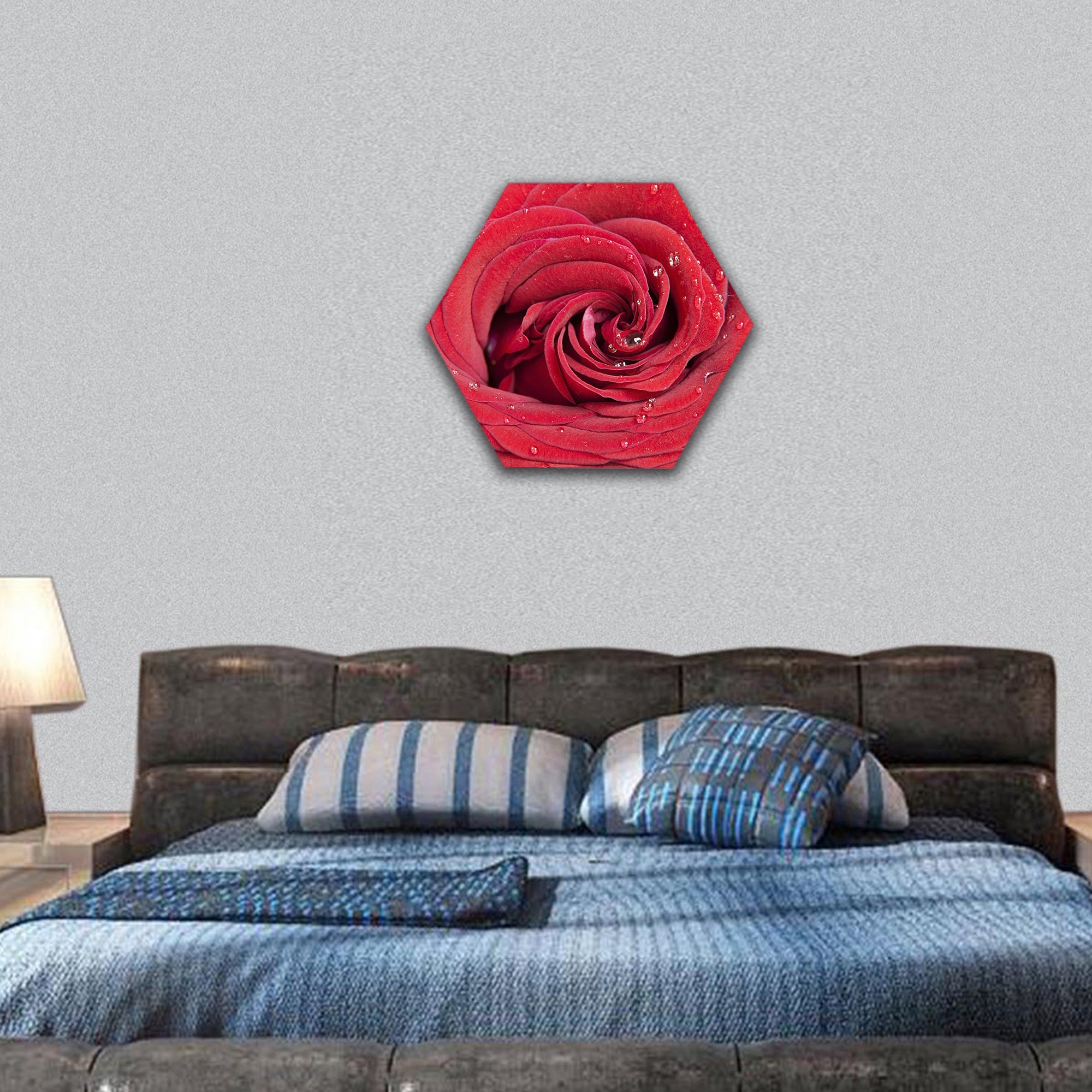 Red rose flower closeup with waterdrops hexagonal canvas wall art