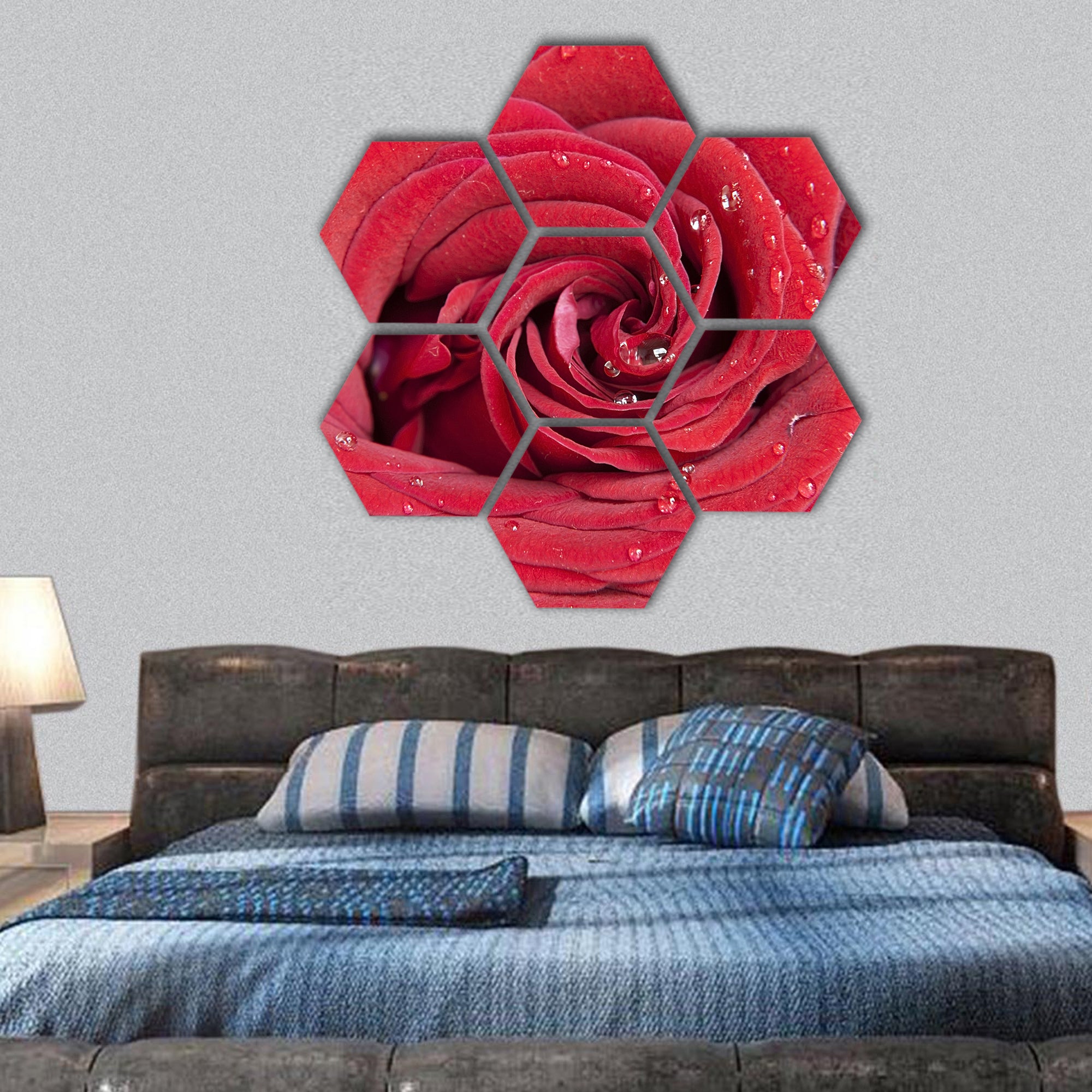 Red rose flower closeup with waterdrops hexagonal canvas wall art