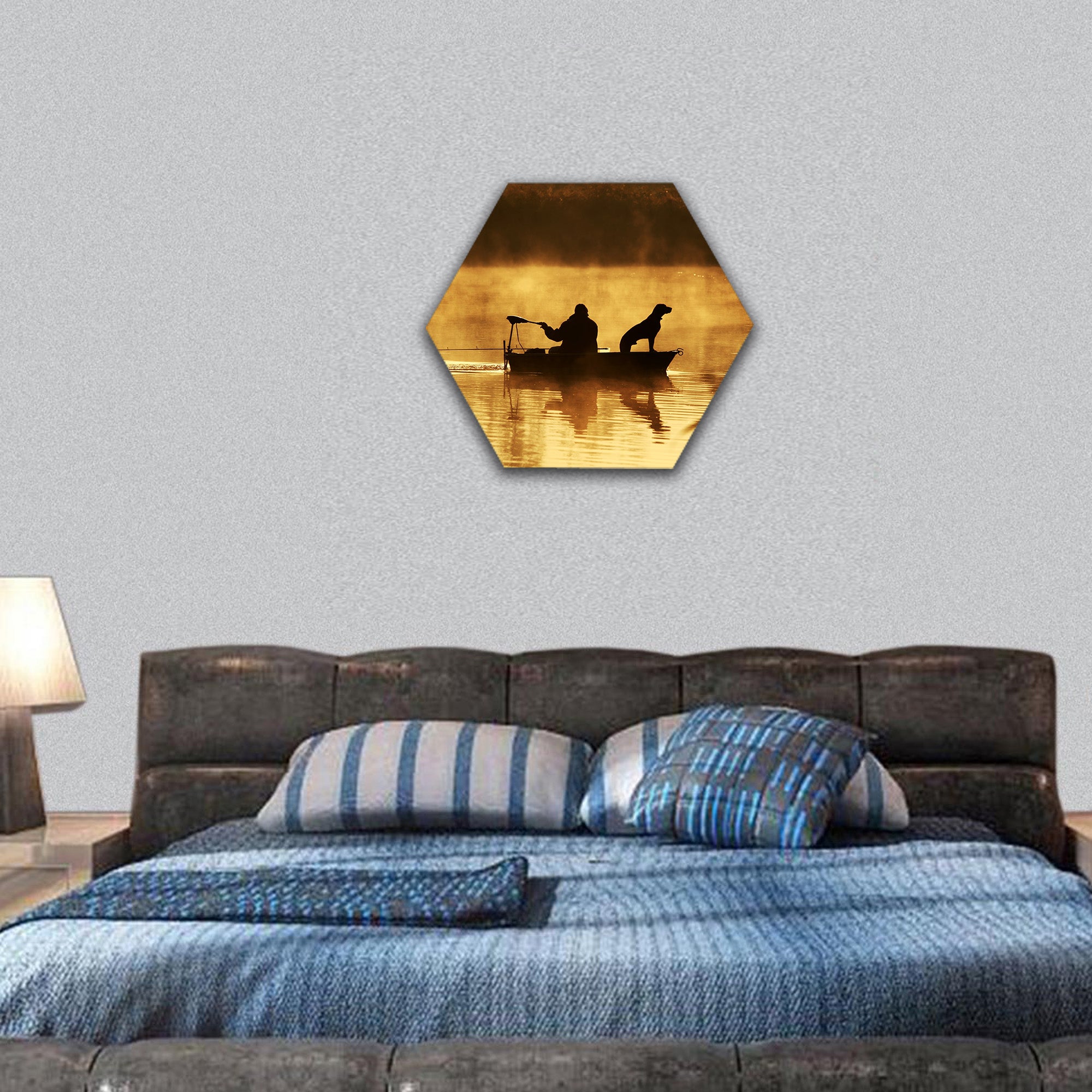 Silhouette of fisher and dog sitting in boat hexagonal canvas wall art