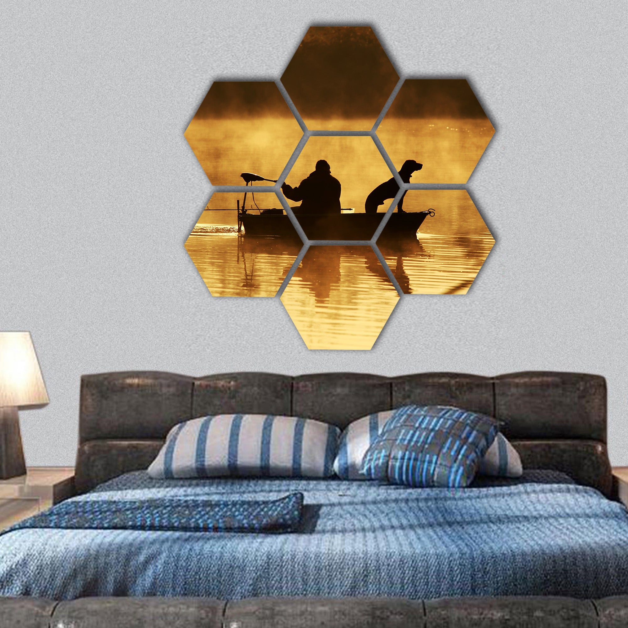 Silhouette of fisher and dog sitting in boat hexagonal canvas wall art