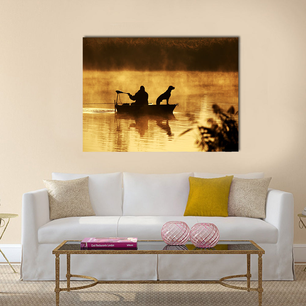 Silhouette of fisher and dog sitting in boat multi panel canvas wall art