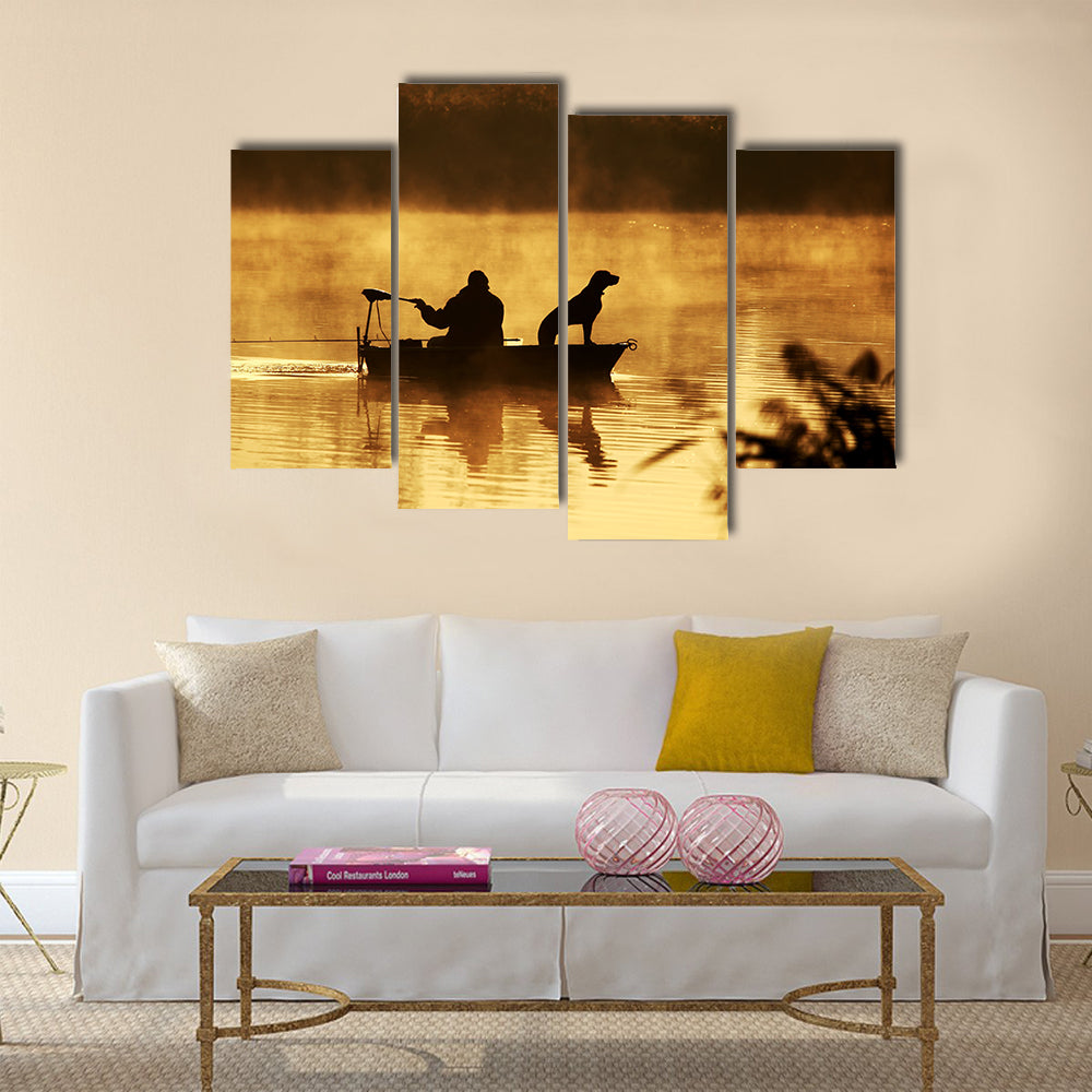 Silhouette of fisher and dog sitting in boat multi panel canvas wall art