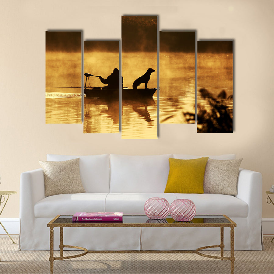 Silhouette of fisher and dog sitting in boat multi panel canvas wall art