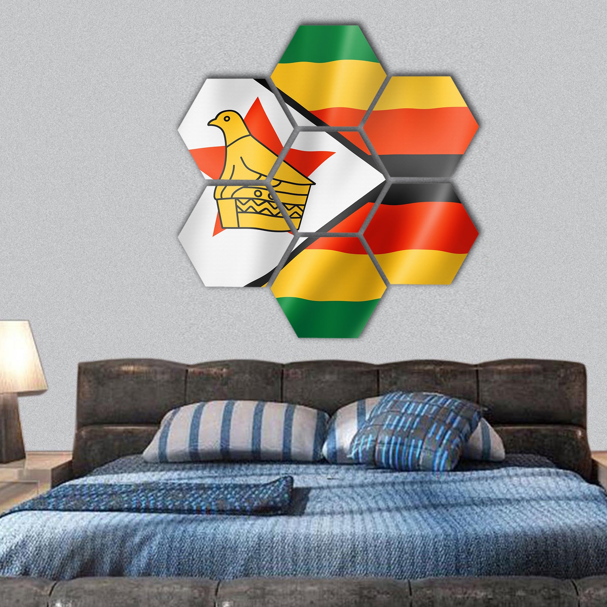 Zimbabwe flag, three dimensional render, satin texture hexagonal canvas wall art