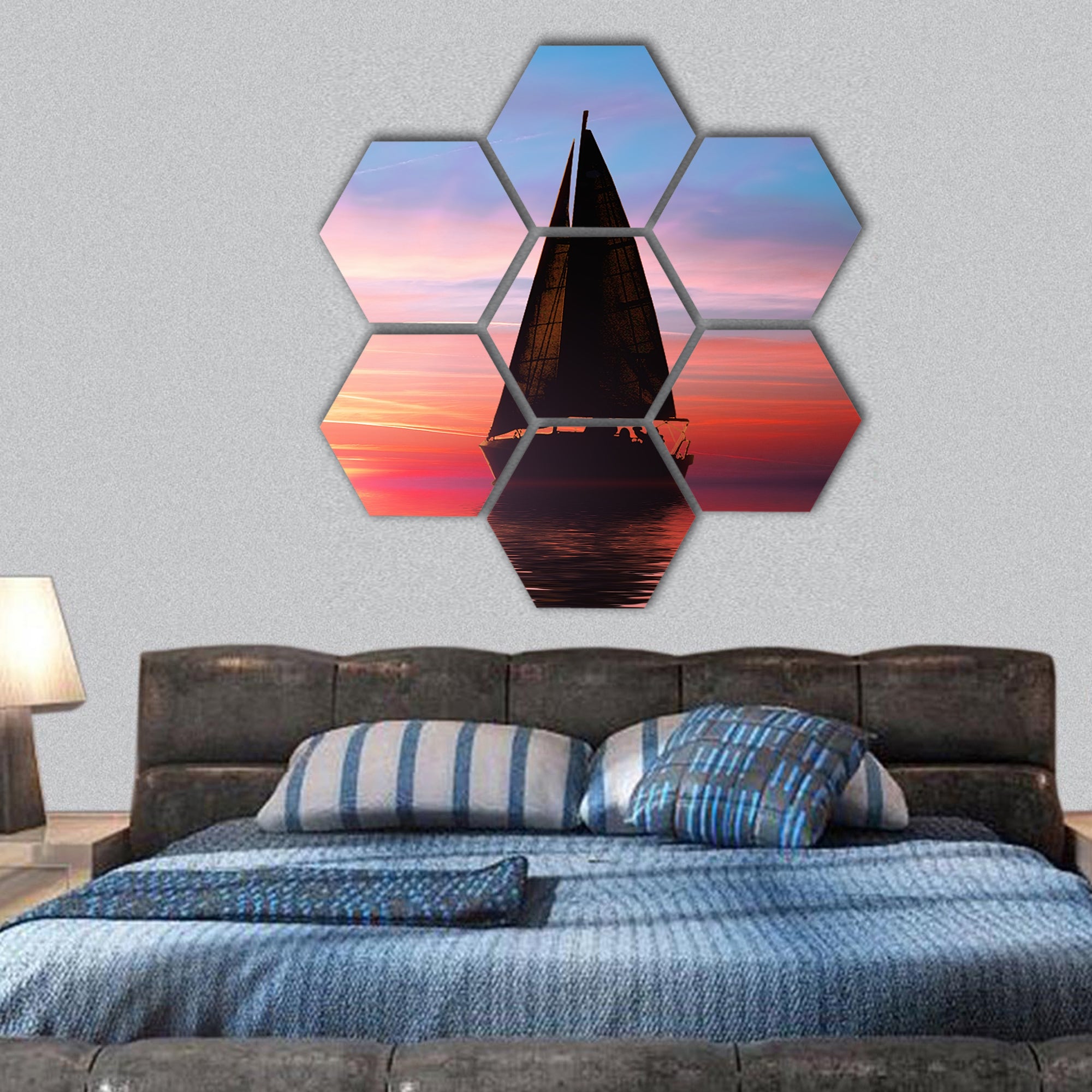 Sailing at sunset on the ocean hexagonal canvas wall art