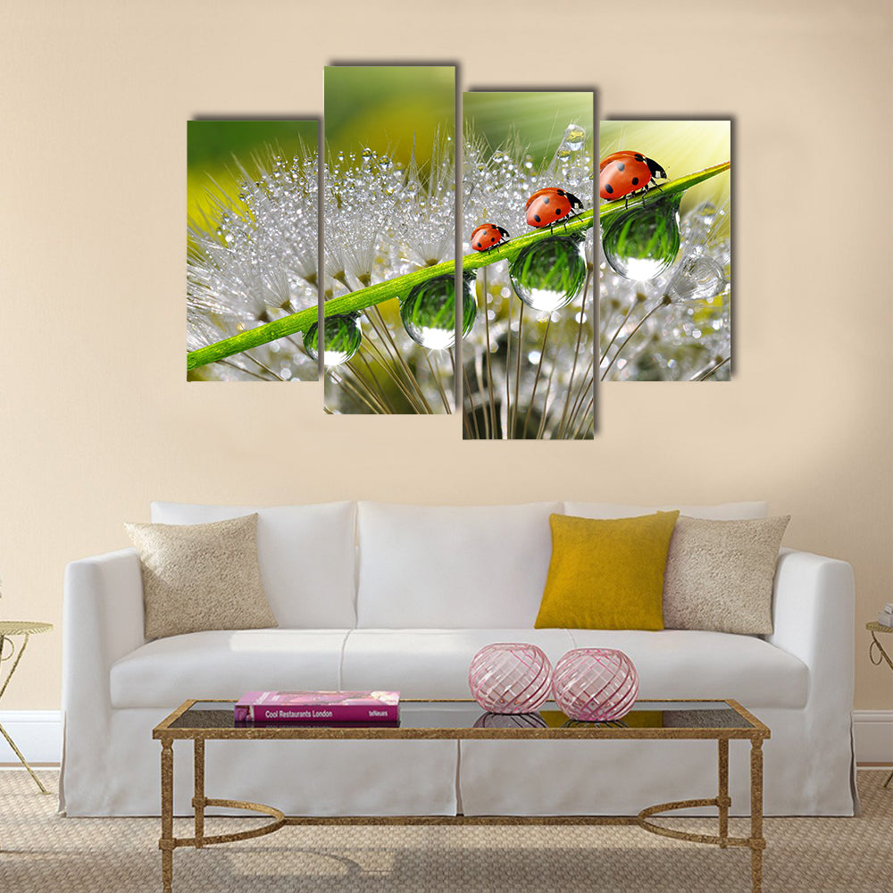 Ladybugs With The Dew Drops On  A Plant, Multi Panel Canvas Wall Art