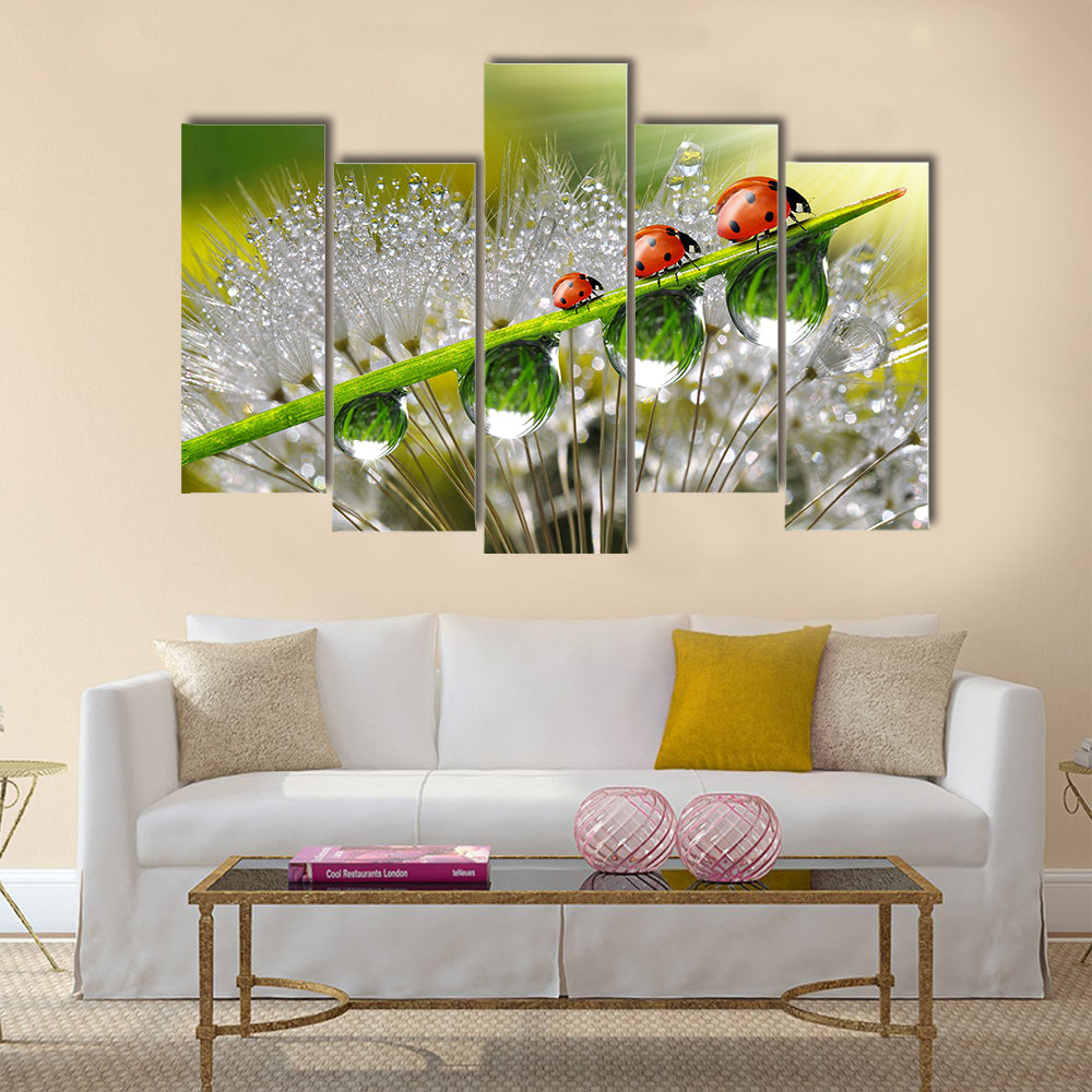 Ladybugs With The Dew Drops On  A Plant, Multi Panel Canvas Wall Art