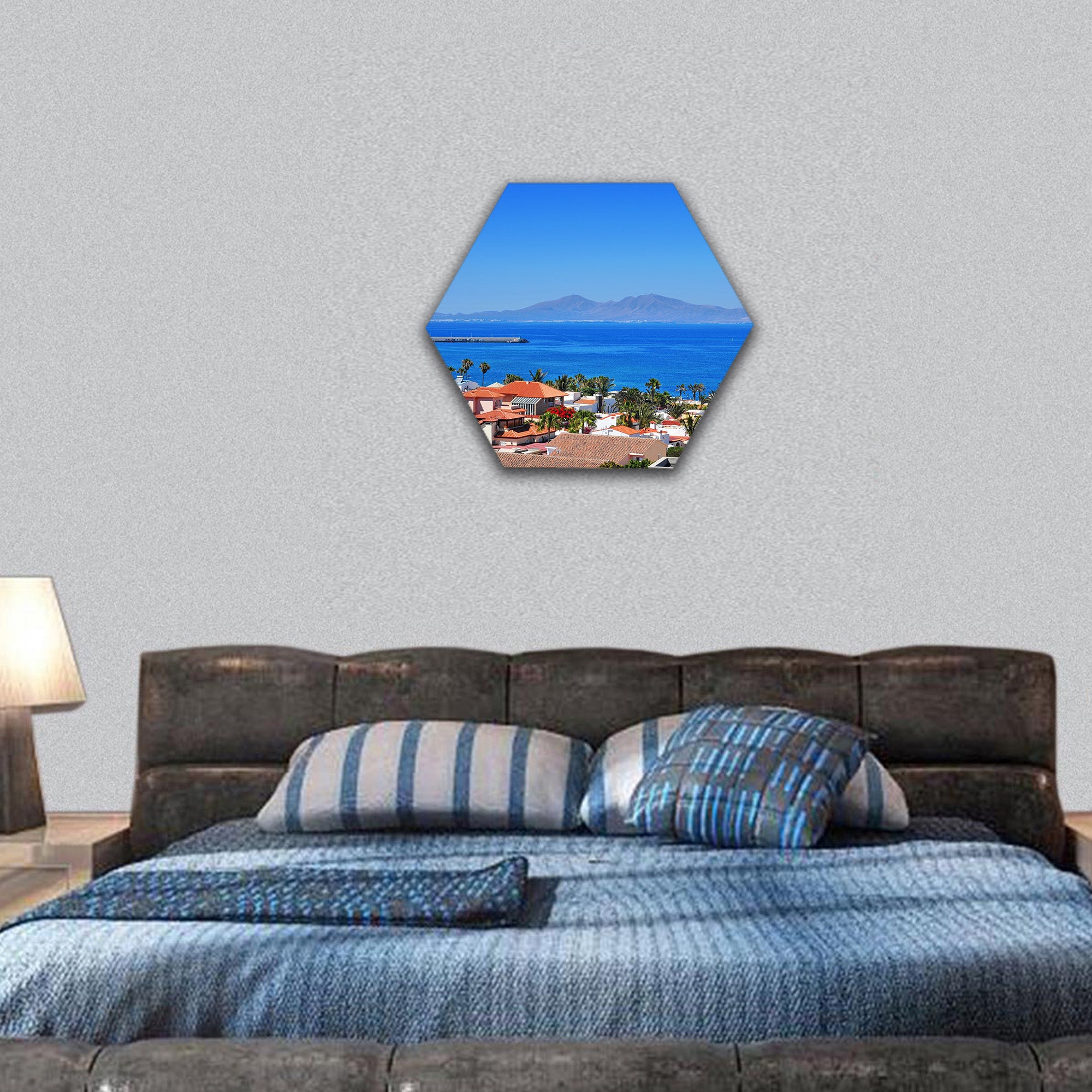 Lobos Island from Corralejo, Spain hexagonal canvas wall art
