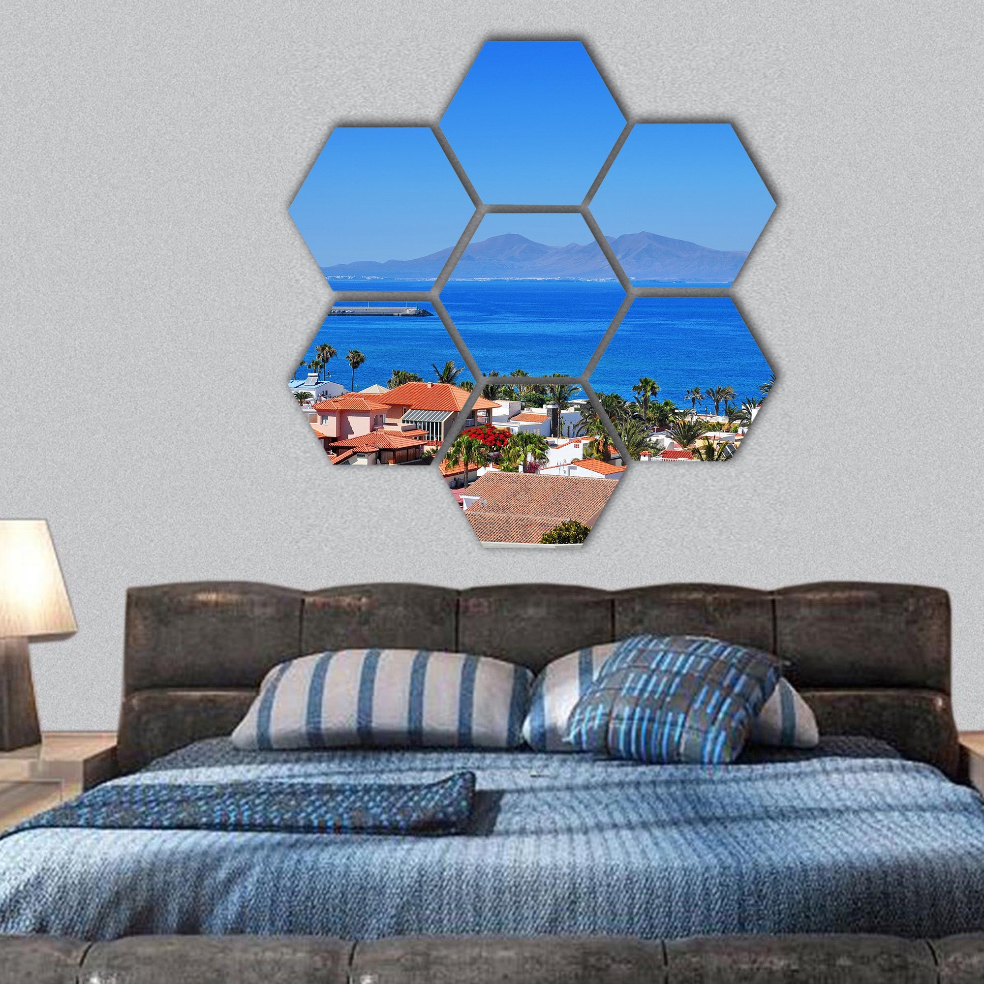 Lobos Island from Corralejo, Spain hexagonal canvas wall art