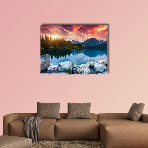 Mountain Lake in National Park High Tatra Dramatic overcast sky Strbske pleso, Slovakia, Europe Beauty world Multi panel canvas wall art