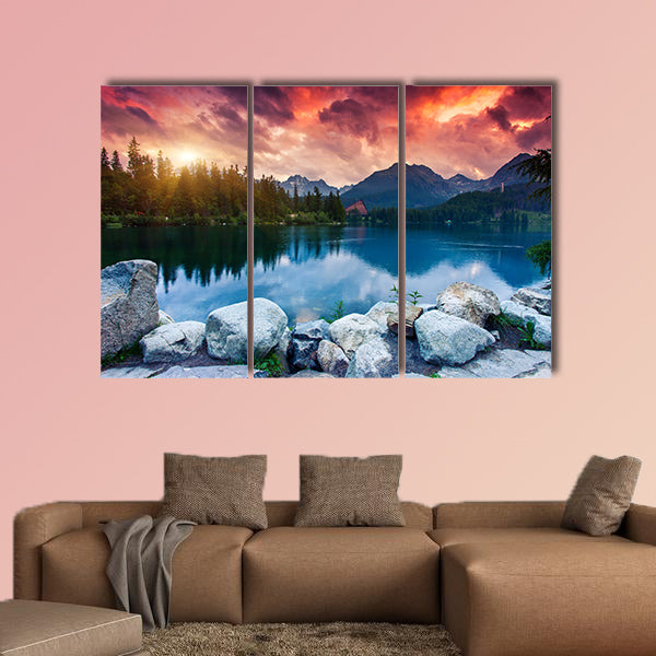 Mountain Lake in National Park High Tatra Dramatic overcast sky Strbske pleso, Slovakia, Europe Beauty world Multi panel canvas wall art