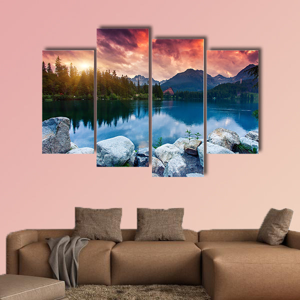Mountain Lake in National Park High Tatra Dramatic overcast sky Strbske pleso, Slovakia, Europe Beauty world Multi panel canvas wall art