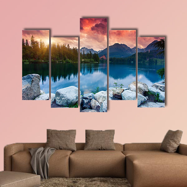 Mountain Lake in National Park High Tatra Dramatic overcast sky Strbske pleso, Slovakia, Europe Beauty world Multi panel canvas wall art
