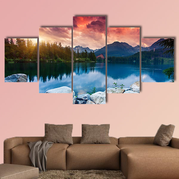 Mountain Lake in National Park High Tatra Dramatic overcast sky Strbske pleso, Slovakia, Europe Beauty world Multi panel canvas wall art