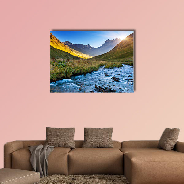 Beautiful view of the mountain river in the summer multi panel canvas wall art