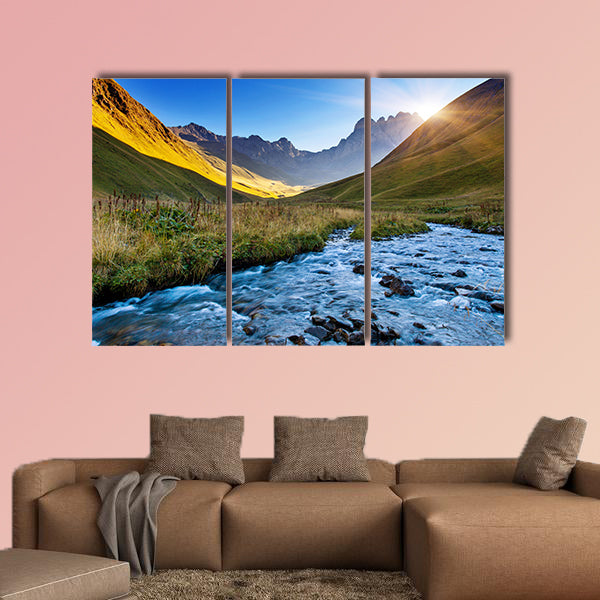 Beautiful view of the mountain river in the summer multi panel canvas wall art