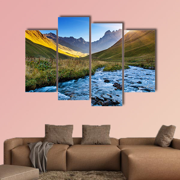 Beautiful view of the mountain river in the summer multi panel canvas wall art