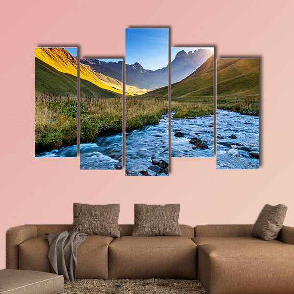 Beautiful view of the mountain river in the summer multi panel canvas wall art