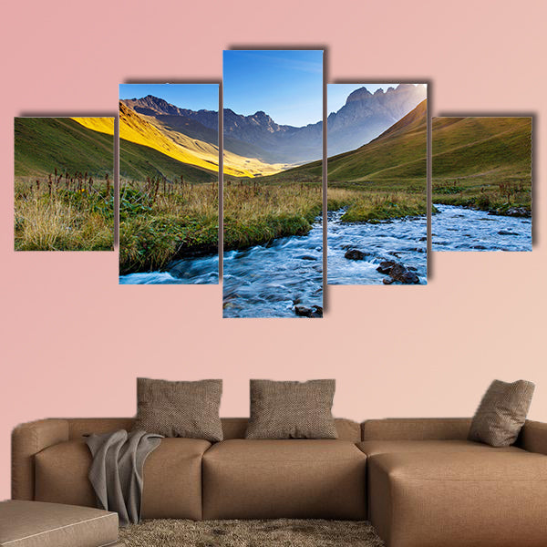 Beautiful view of the mountain river in the summer multi panel canvas wall art