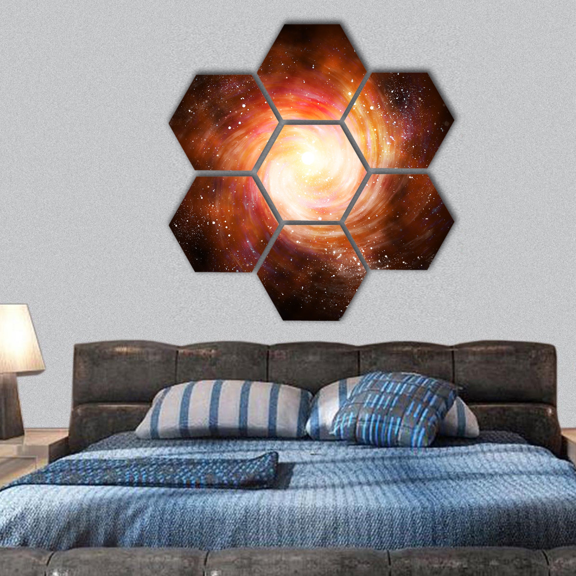 spiral galaxy in space with stars hexagonal canvas wall art