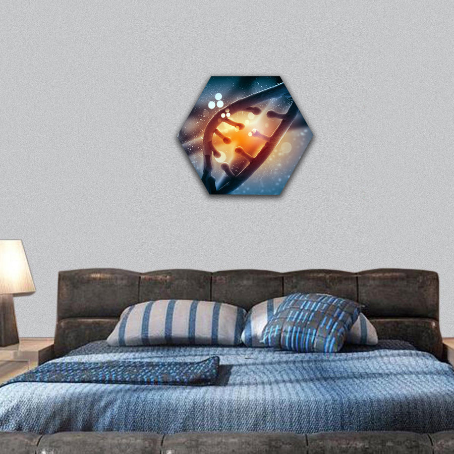 DNA molecule is located in front of a colored background hexagonal canvas wall art