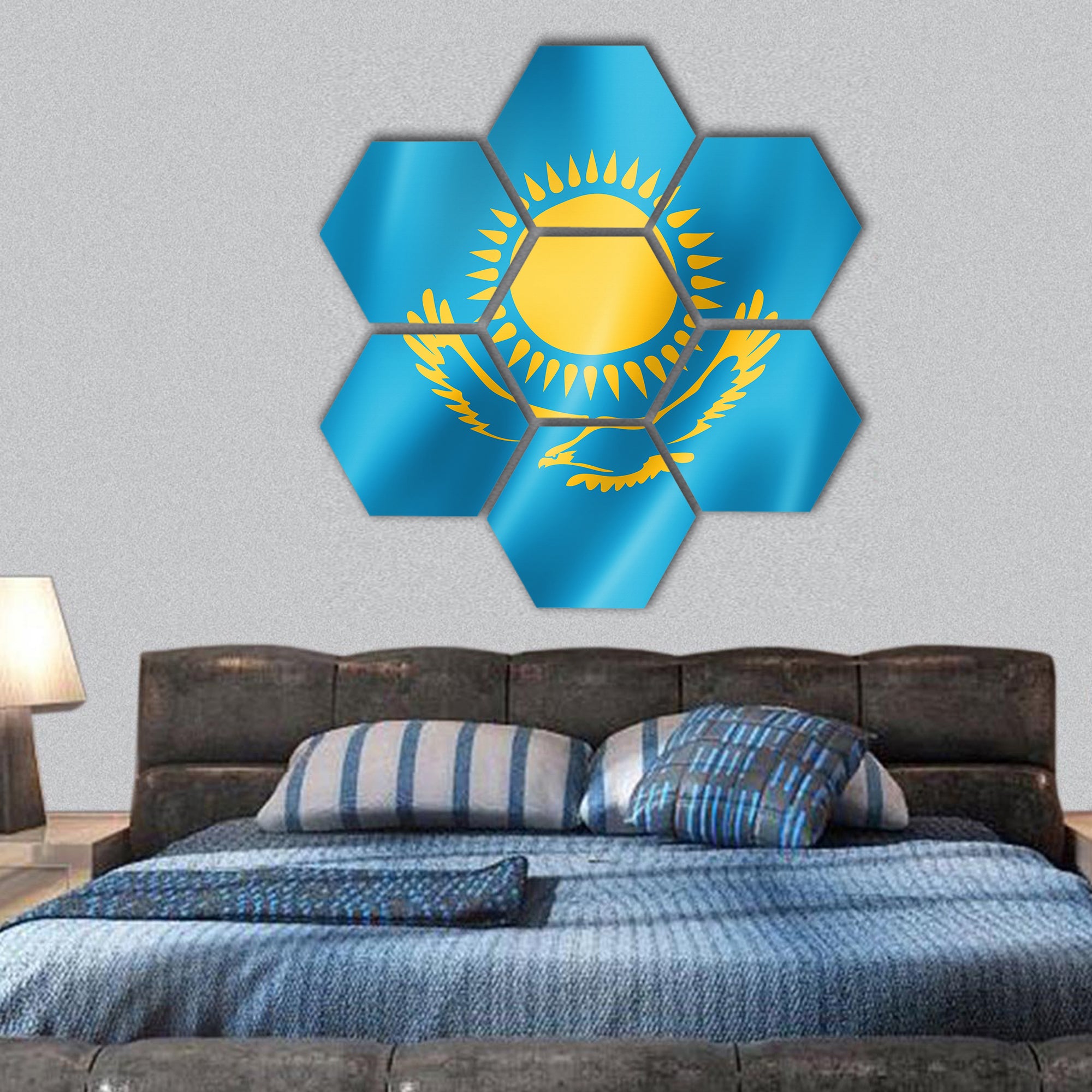 Kazakhstan flag, three dimensional render, satin texture hexagonal canvas wall art
