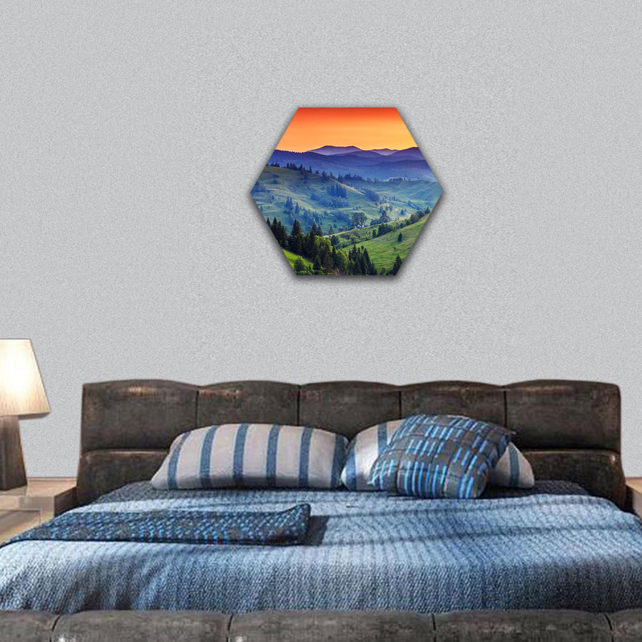 Sunset in the mountains landscape Carpathian, Europe hexagonal canvas wall art