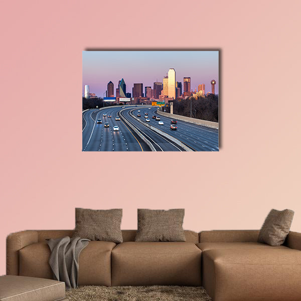 Dallas downtown skyline in the evening multi panel canvas wall art