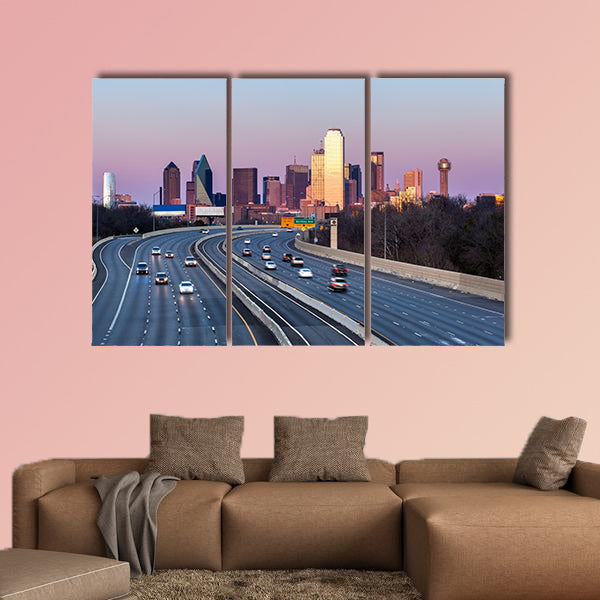 Dallas downtown skyline in the evening multi panel canvas wall art