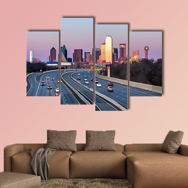 Dallas downtown skyline in the evening multi panel canvas wall art