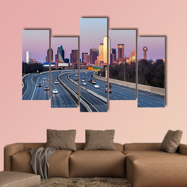 Dallas downtown skyline in the evening multi panel canvas wall art