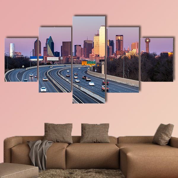 Dallas downtown skyline in the evening multi panel canvas wall art
