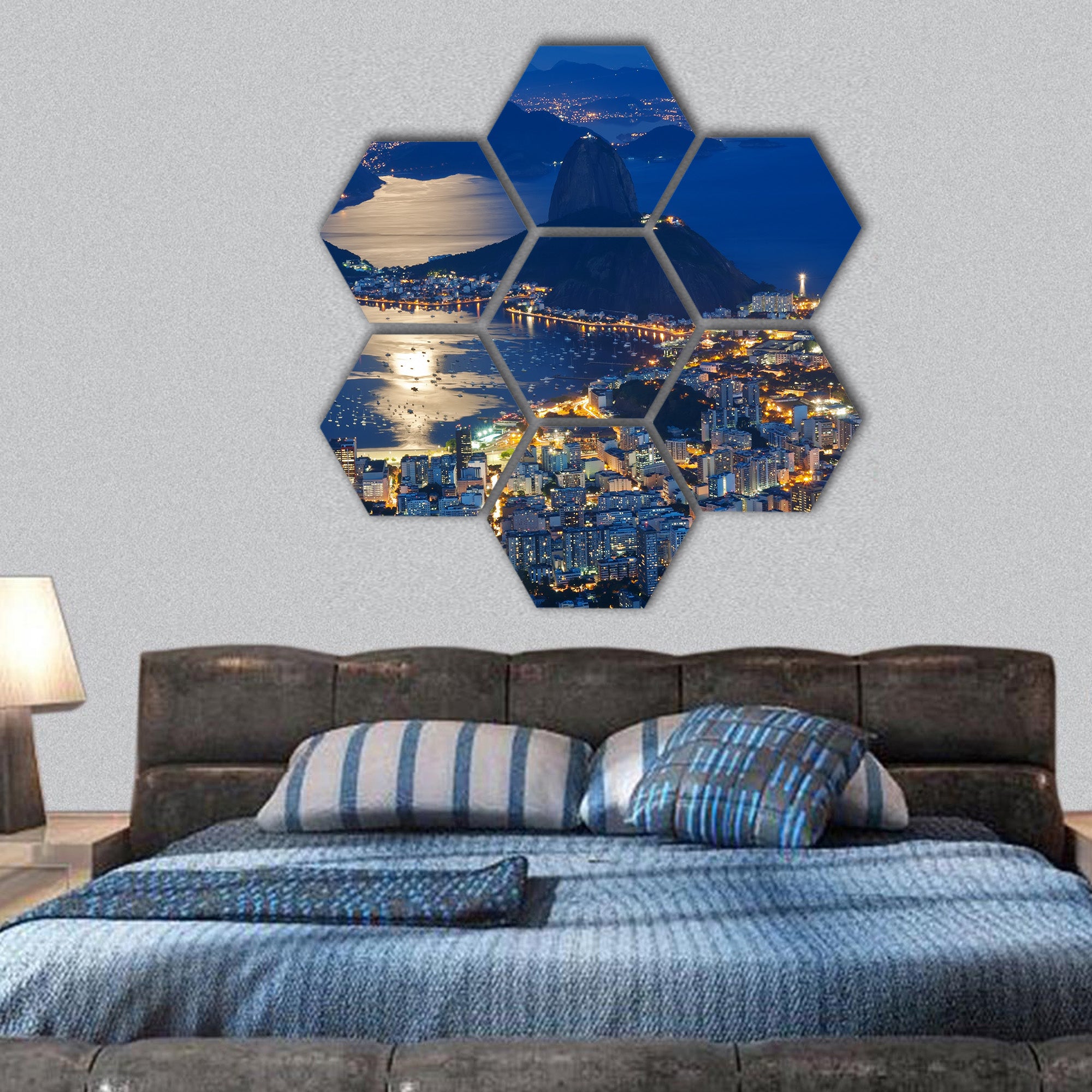Night view of mountain Sugar Loaf hexagonal canvas wall art