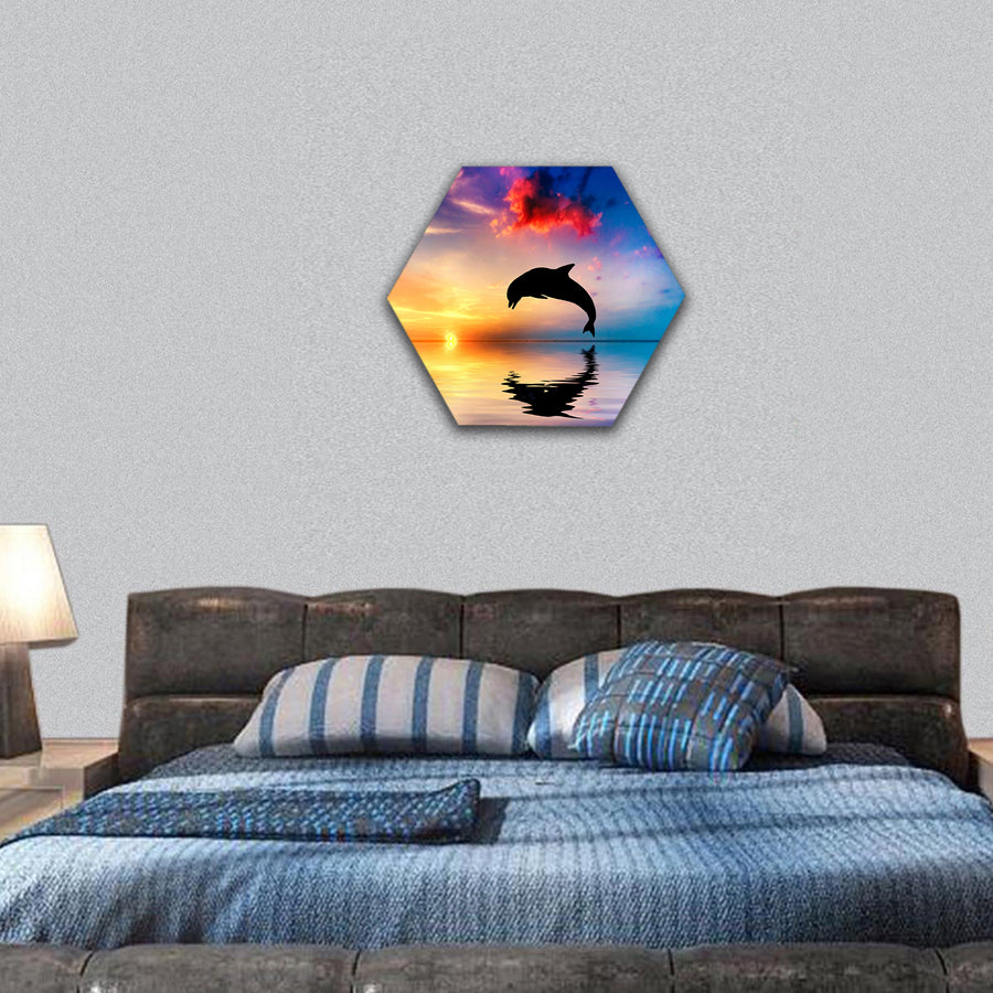 Dolphin jumping silhouette at sunset hexagonal canvas wall art